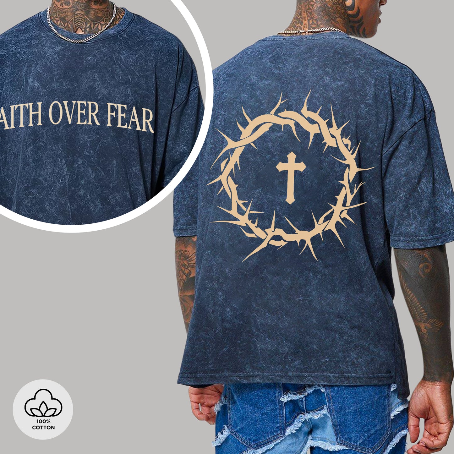 Faith Over Fear Two Sides Unisex Vintage Washed T-Shirt - Crown of Thorns Courage Declaration