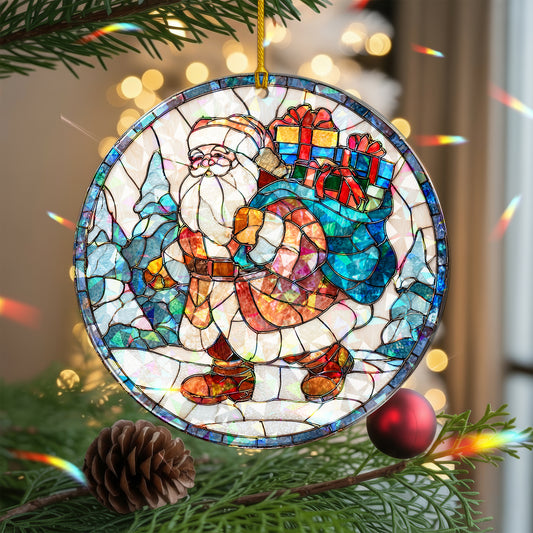 Stained Glass Santa Claus Holographic Christmas Ornament | Festive Holiday Keepsake | Jolly St. Nick Tree Decoration