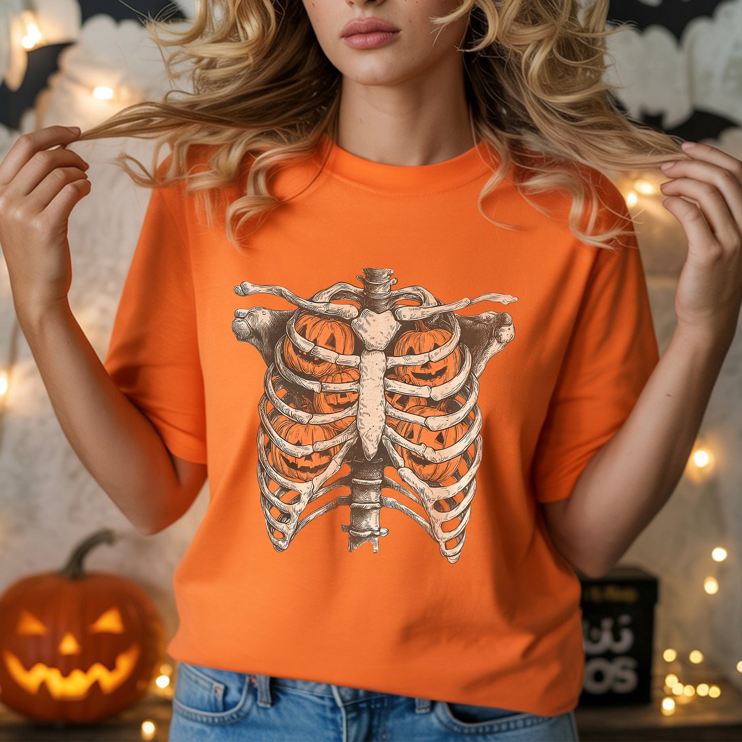 Pumpkin Ribcage Skeleton Halloween T-Shirt Jack-O-Lantern Anatomy Spooky Season Tee