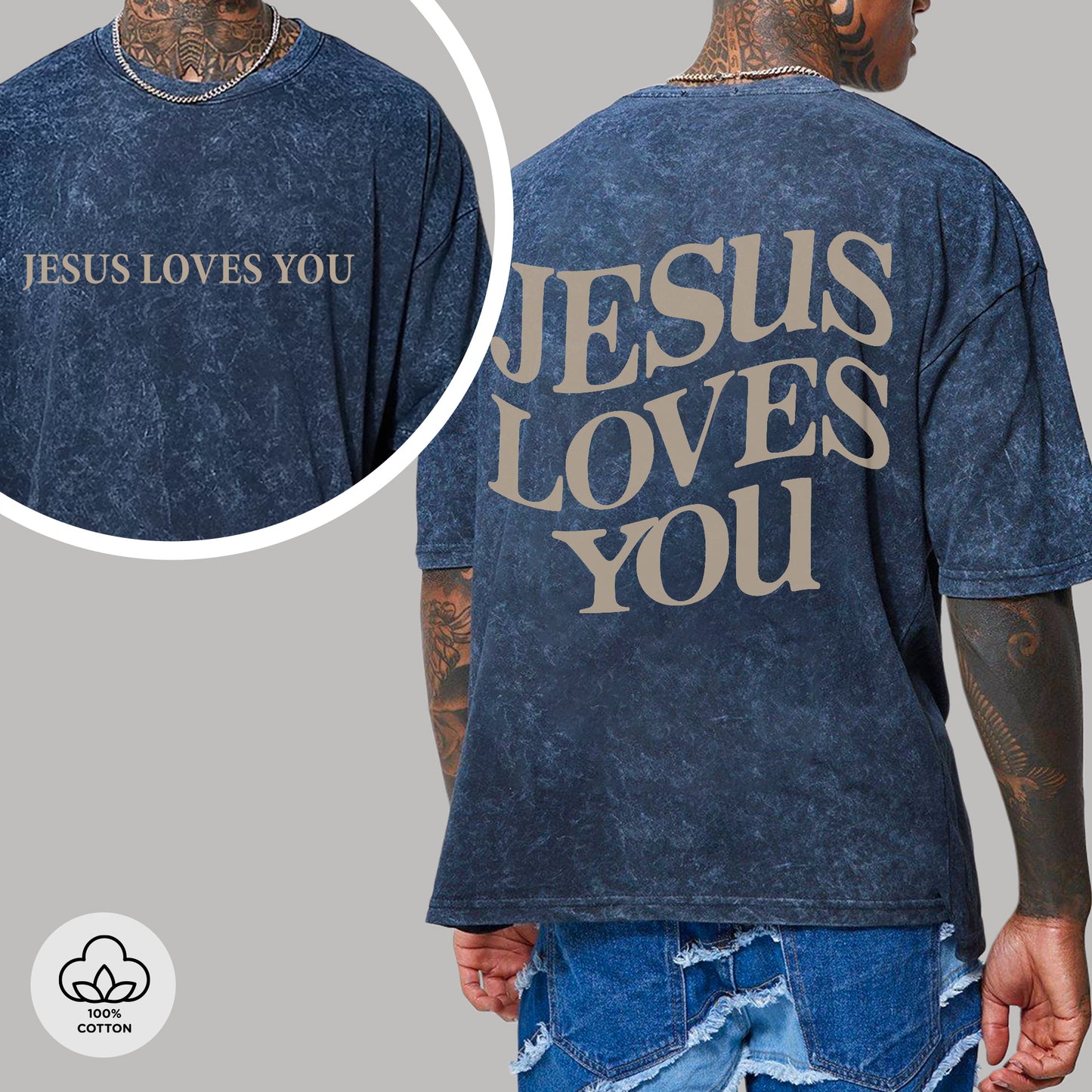 "Jesus Loves You" Unisex Vintage Washed Christian T-Shirt Two Sides | John 15:13 Personal Love Declaration Tee | Faith Guided Life Apparel