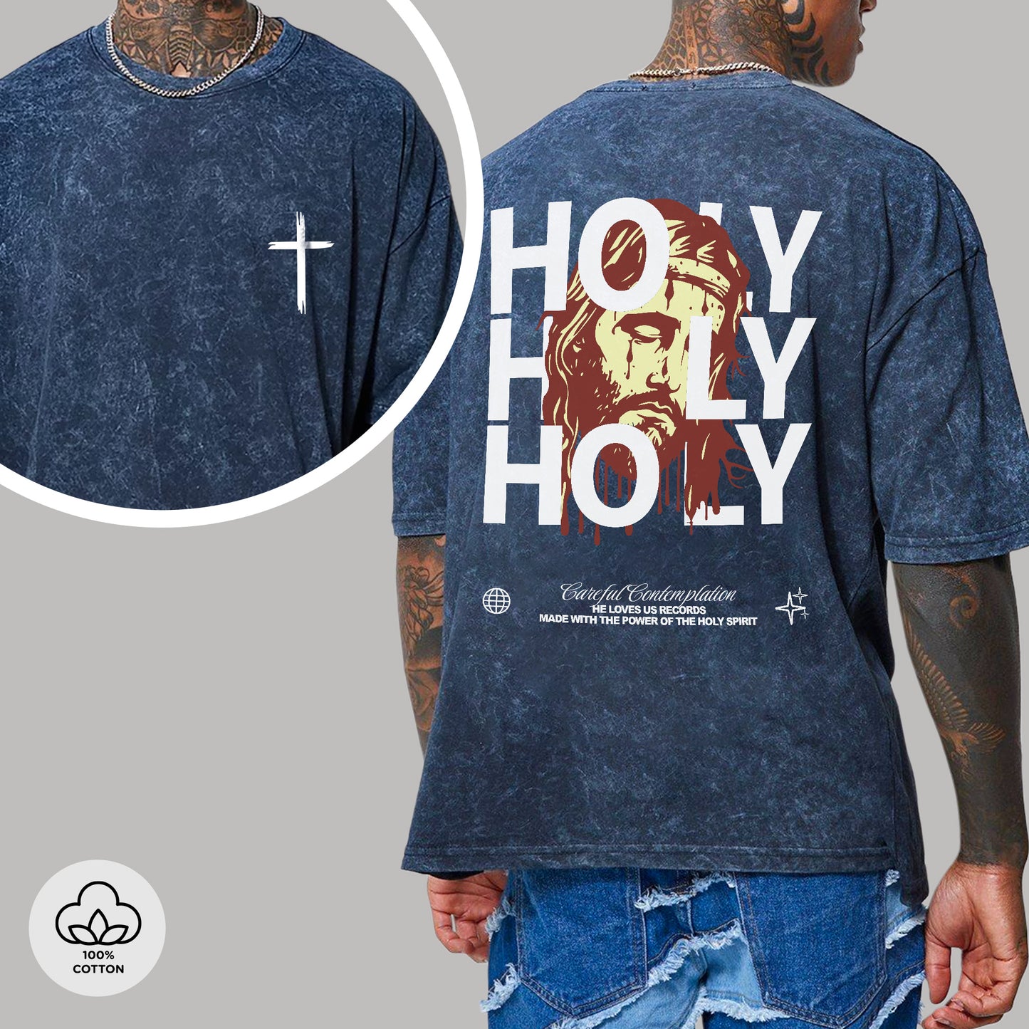"Holy Holy Holy" Unisex Mineral Wash Christian T-Shirt Two Sides | Isaiah 6:3 Vintage Washed Cotton Tee | Faith Guided Life Apparel