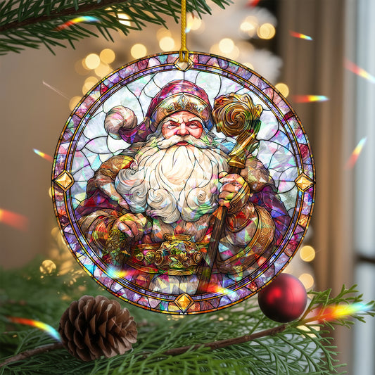 Stained Glass Santa Claus Holographic Christmas Ornament | Majestic St. Nick | Festive Holiday Keepsake