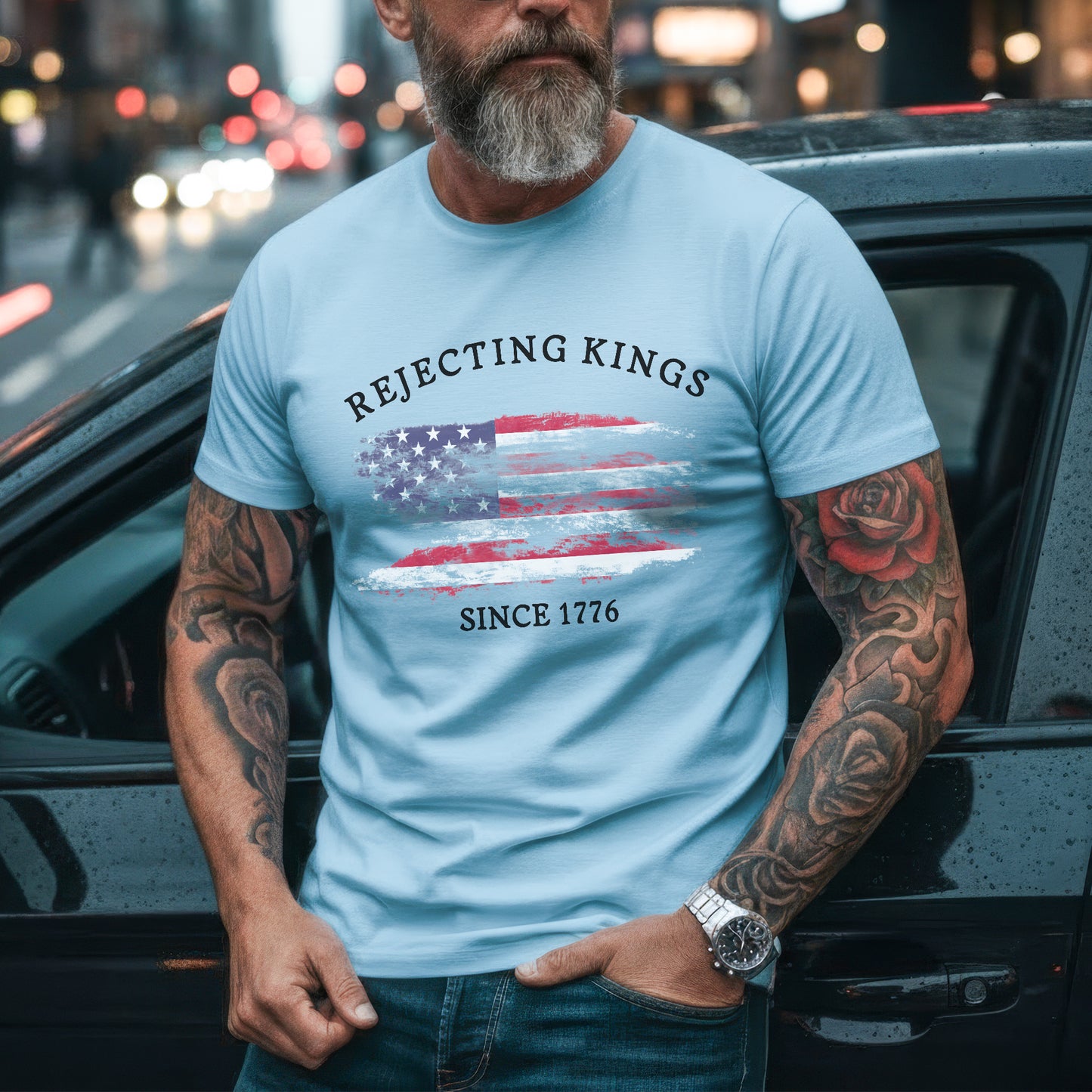 Rejecting Kings Since 1776 Distressed American Flag T-Shirt