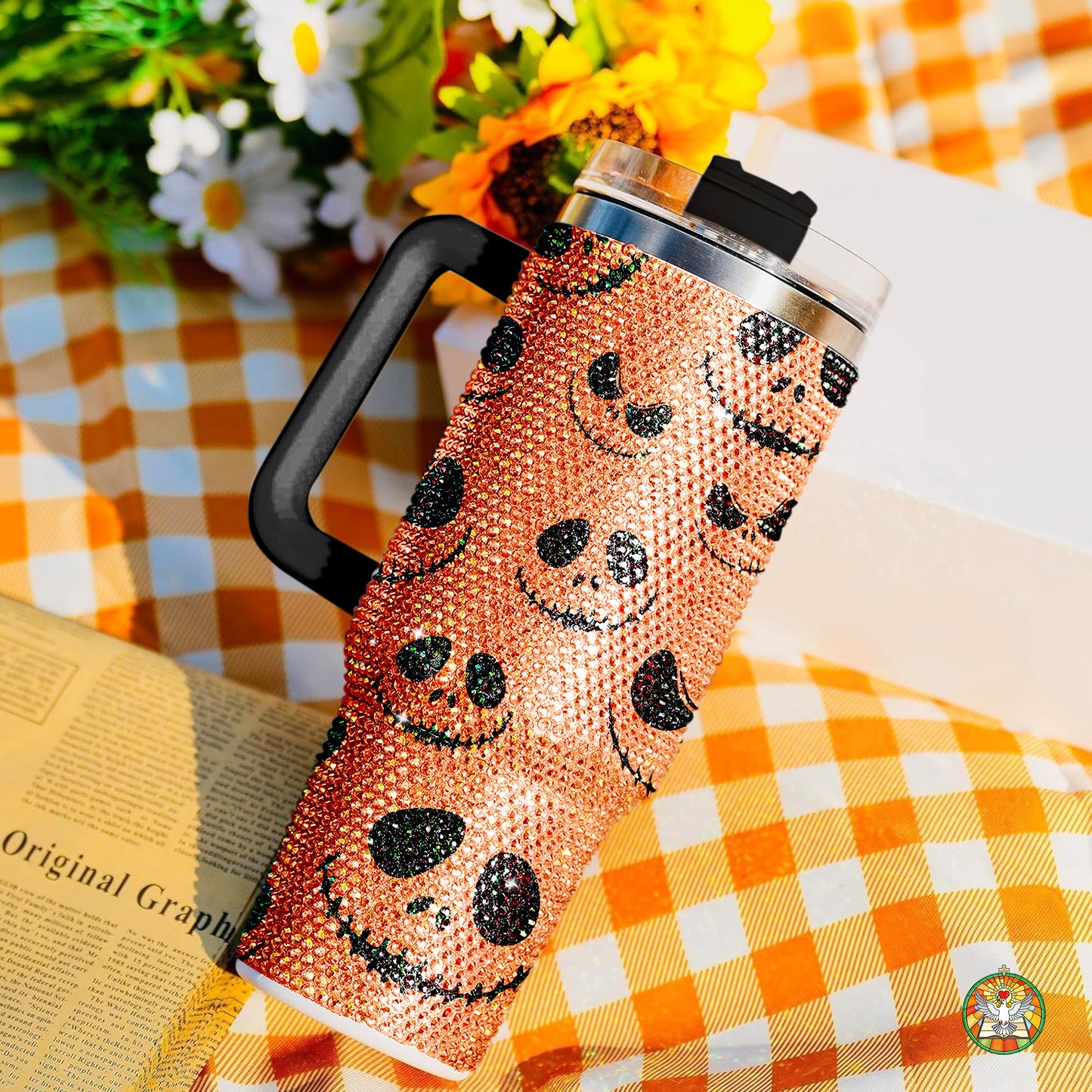 Pumpkin Halloween Bling Diamond Tumbler 40oz - Sparkling Spooky Rhinestone Cup