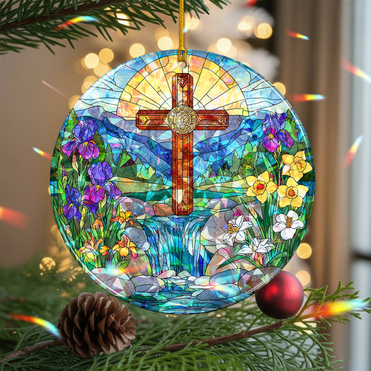Stained Glass Cross Holographic Christmas Ornament | Symbol of Hope & New Life | Religious Christian Keepsake