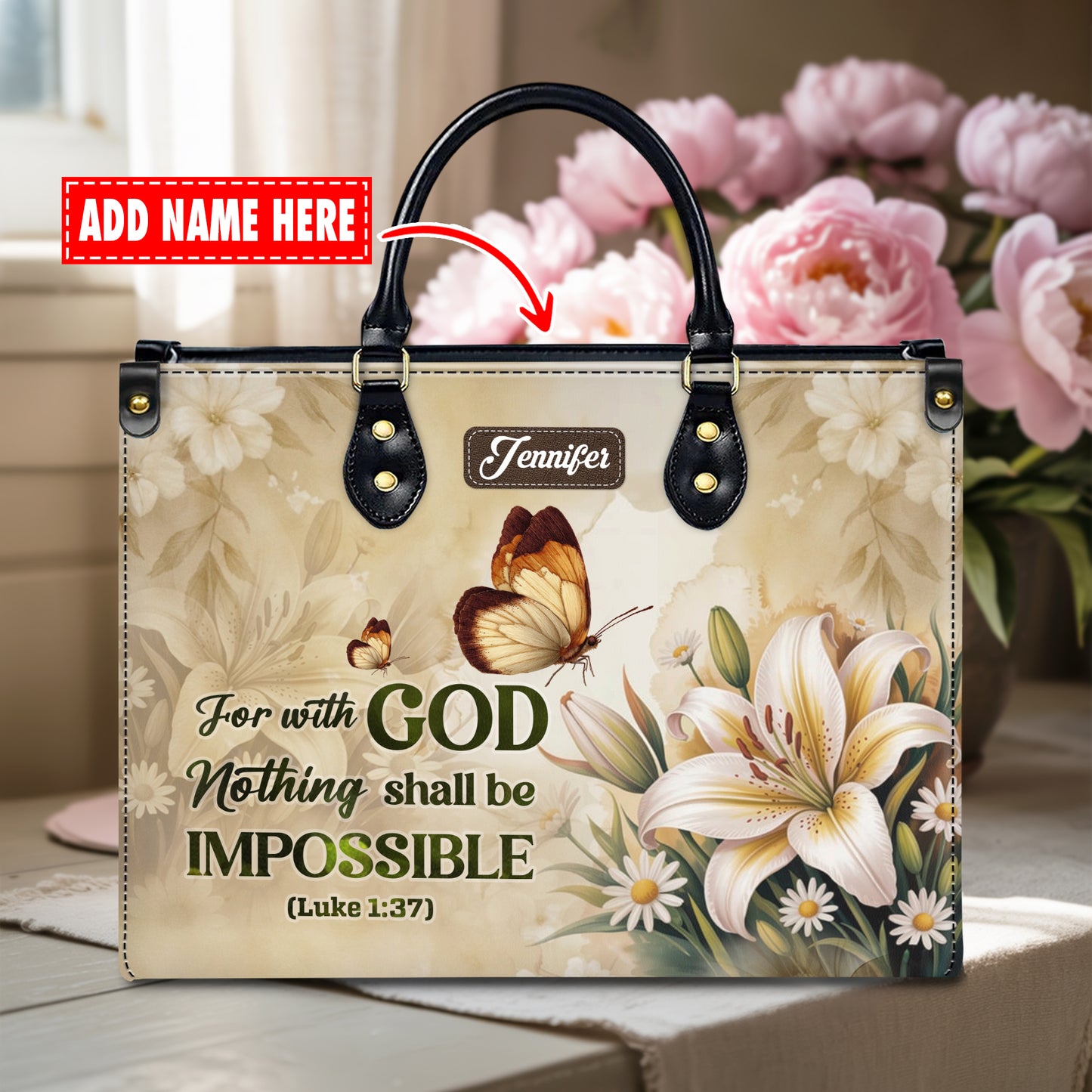 For With God Nothing Shall Be Impossible Luke 1:37 Personalized Leather Handbag