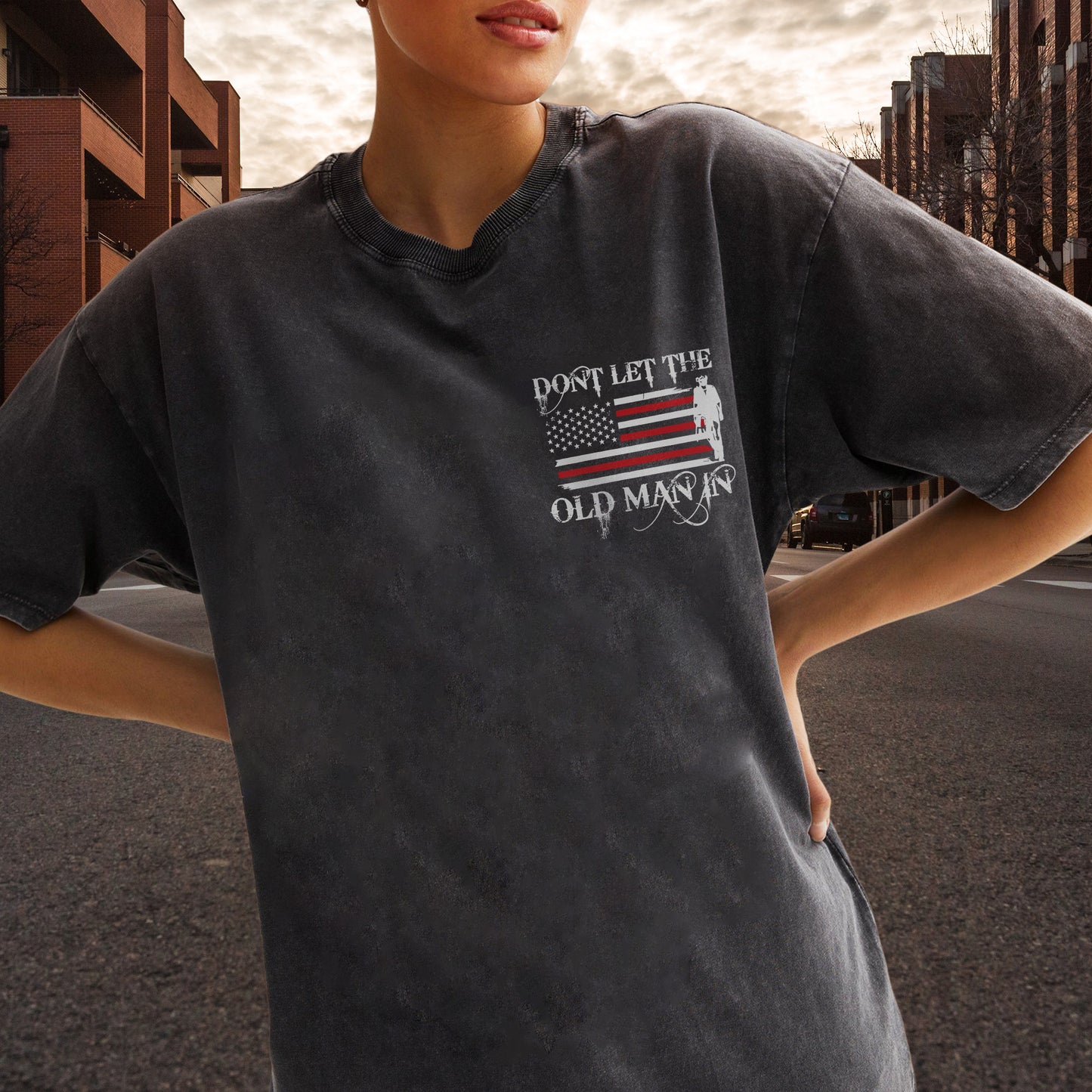 Don't Let The Old Man In Unisex Vintage Washed T-Shirt - Patriotic Wisdom Declaration