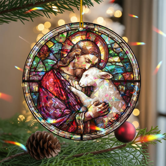 Stained Glass Good Shepherd Holographic Christmas Ornament | Jesus and Lamb Religious Keepsake | Christian Tree Decoration
