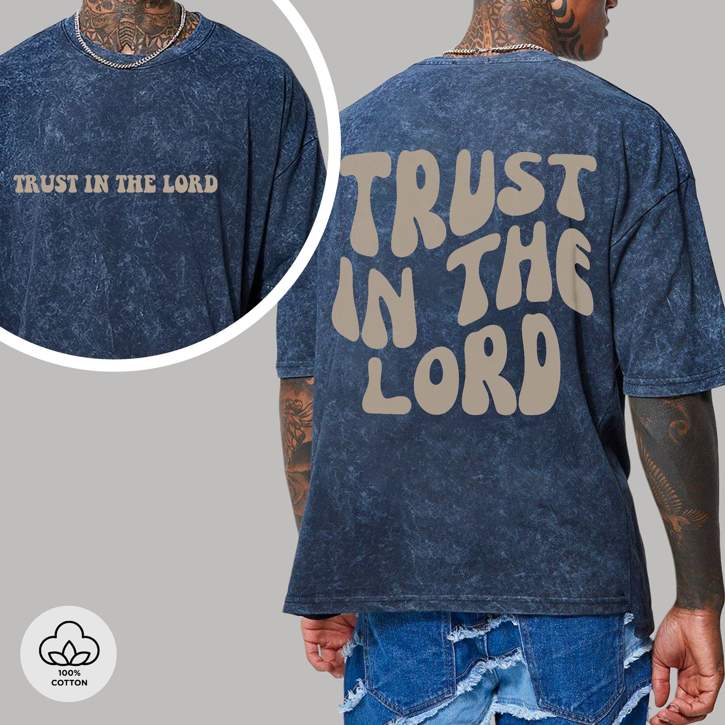 "Trust In The Lord" Unisex Vintage Washed Christian T-Shirt Two Sides | Proverbs 3:5-6 Faith Declaration Tee | Faith Guided Life Apparel