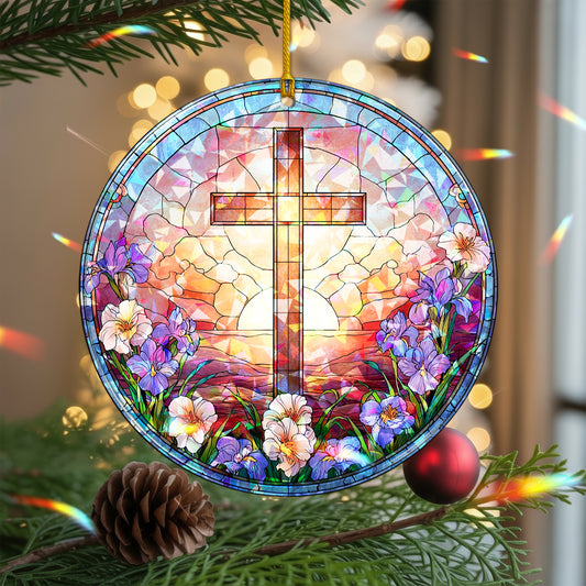 Stained Glass Cross Holographic Christmas Ornament | Symbol of Hope & New Life | Religious Christian Keepsake