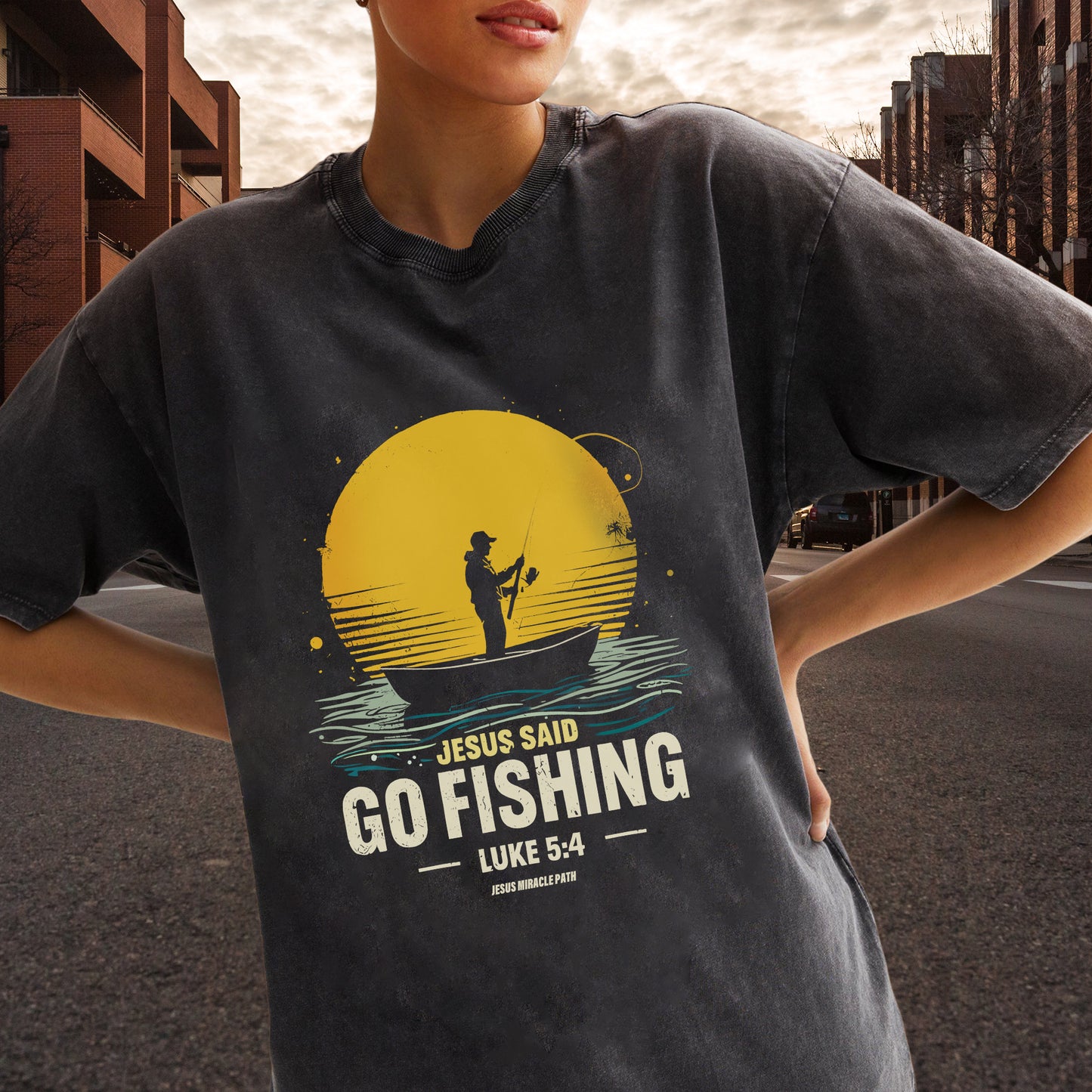 Jesus Said Go Fishing Luke 5:4 Christian Washed 100% Cotton T-Shirt Biblical Fishing Faith Tee