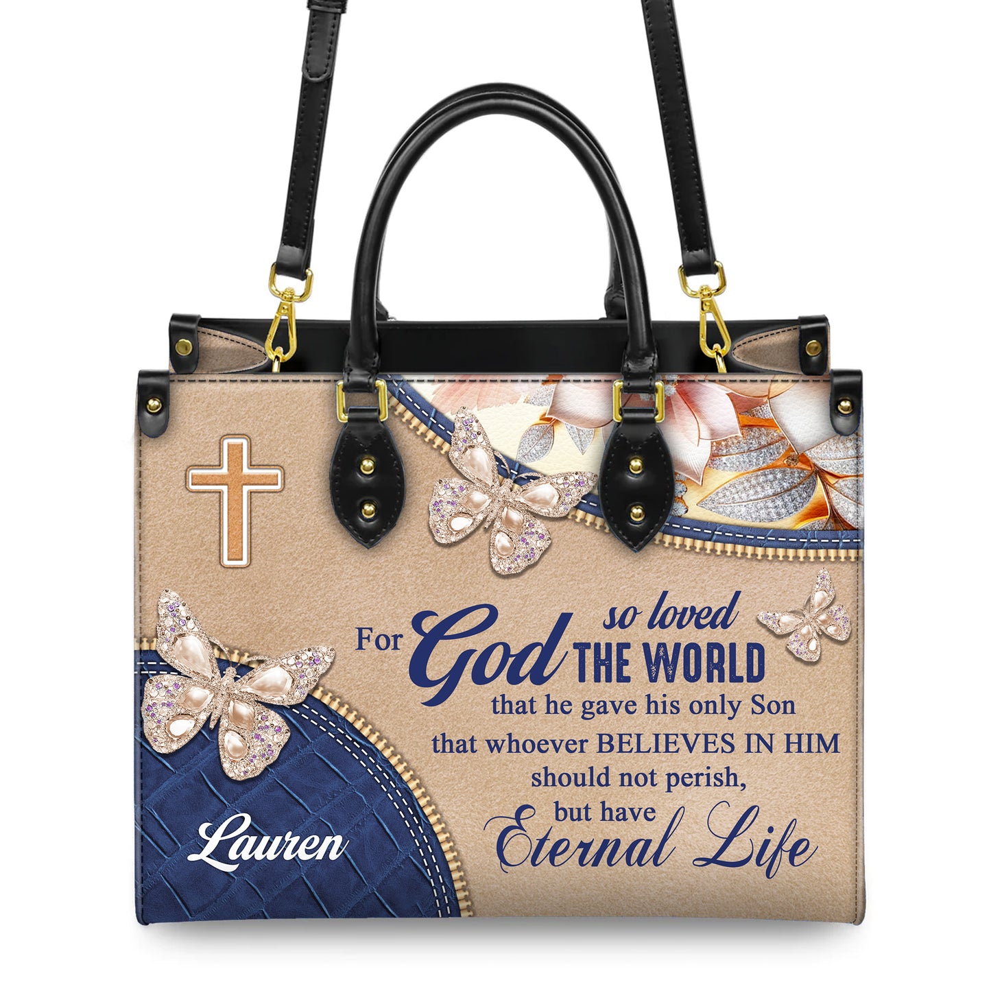 John 3:16 For God So Loved The World Eternal Life Personalized Christian Faith Leather Handbag