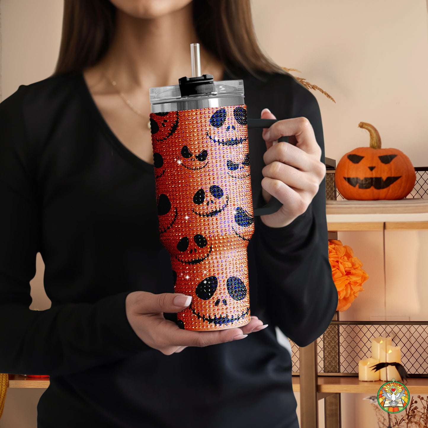 Pumpkin Halloween Bling Diamond Tumbler 40oz - Sparkling Spooky Rhinestone Cup