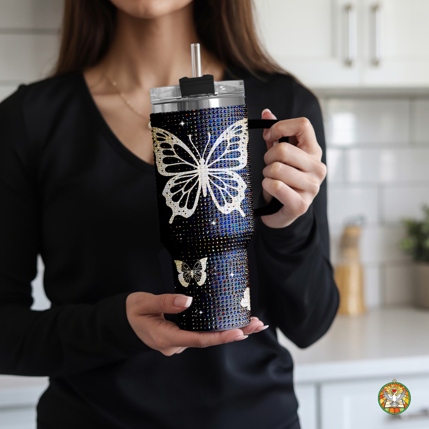 Butterfly Black Bling Diamond Tumbler 40oz - Sparkling Transformation Rhinestone Cup