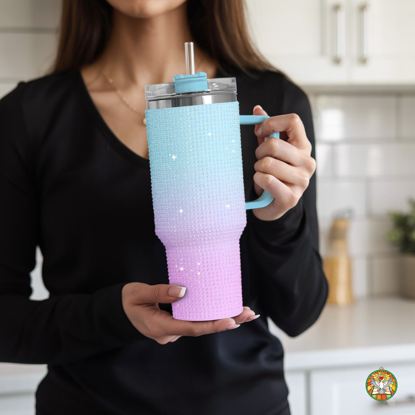 Blue Pink Gradient Bling Diamond Tumbler 40oz - Sparkling Ombre Dreams Rhinestone Cup