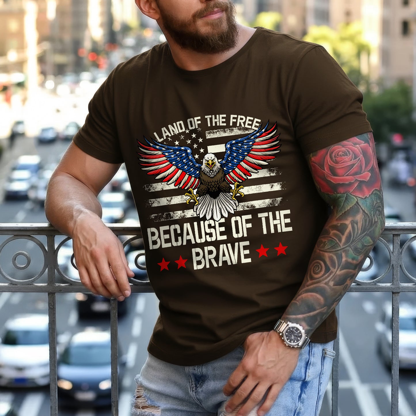 Land of the Free Because of the Brave Patriotic USA Eagle Tshirt