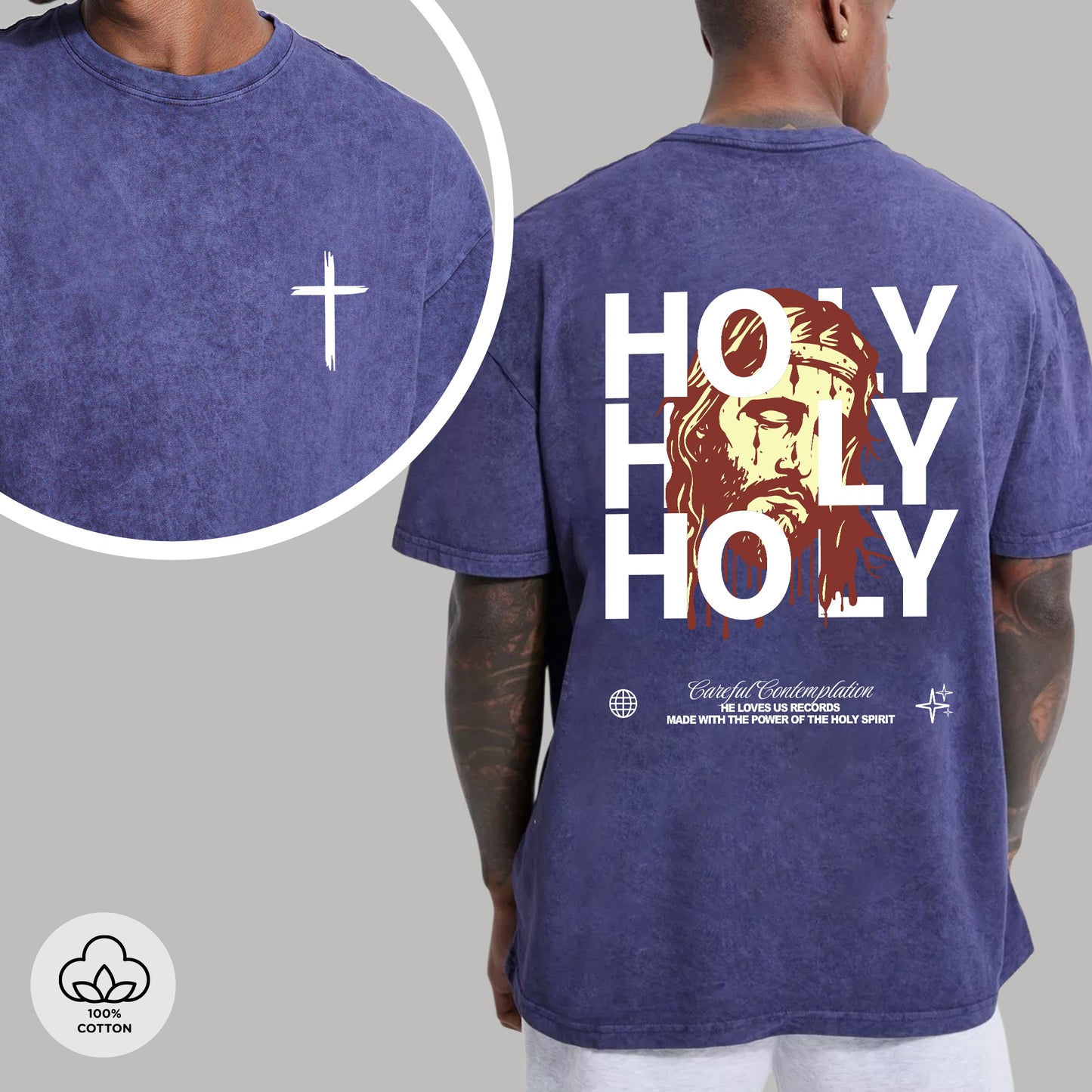 "Holy Holy Holy" Unisex Mineral Wash Christian T-Shirt Two Sides | Isaiah 6:3 Vintage Washed Cotton Tee | Faith Guided Life Apparel