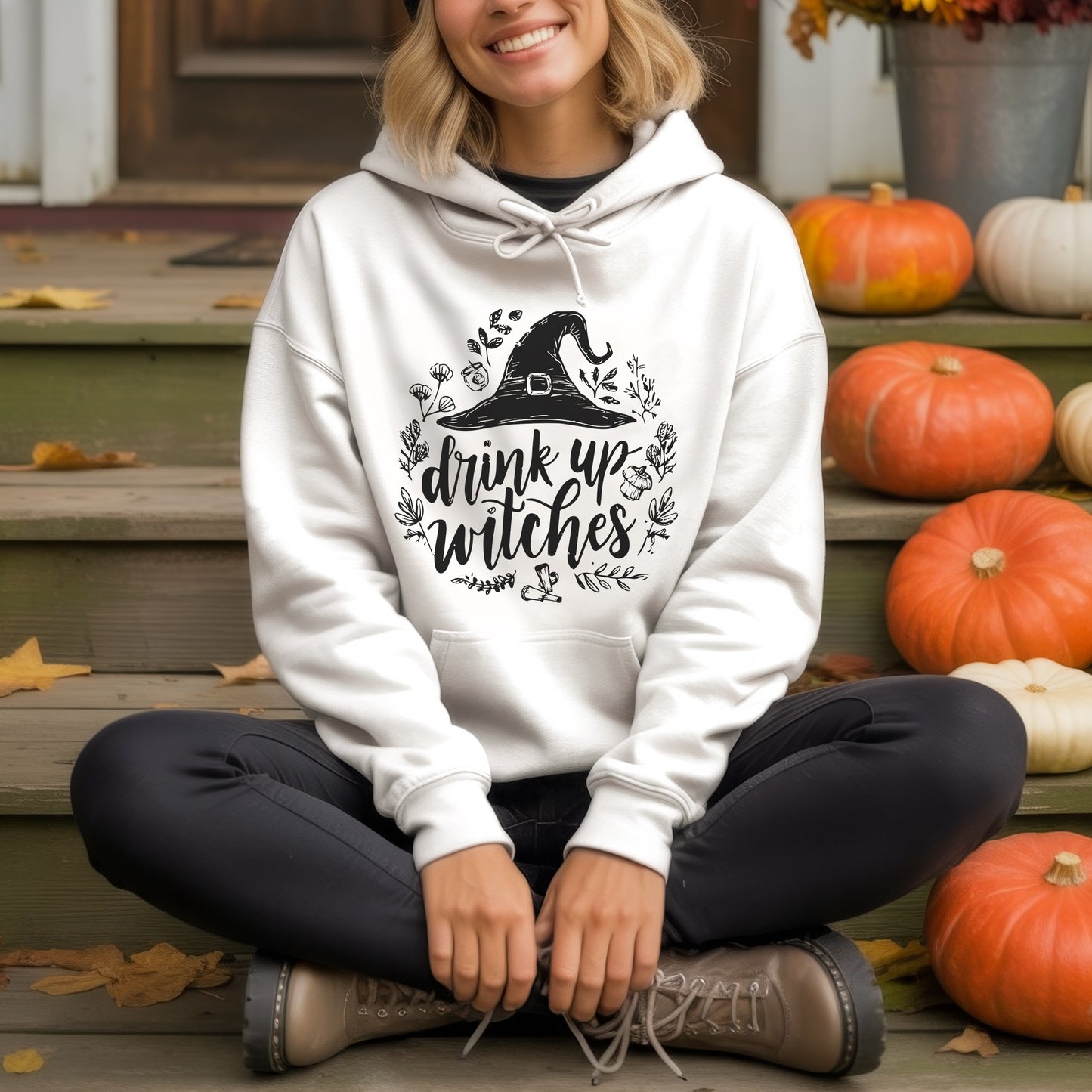 Drink Up Witches Halloween Party T-Shirt Witch Hat Botanical Spooky Season Drinking Tee