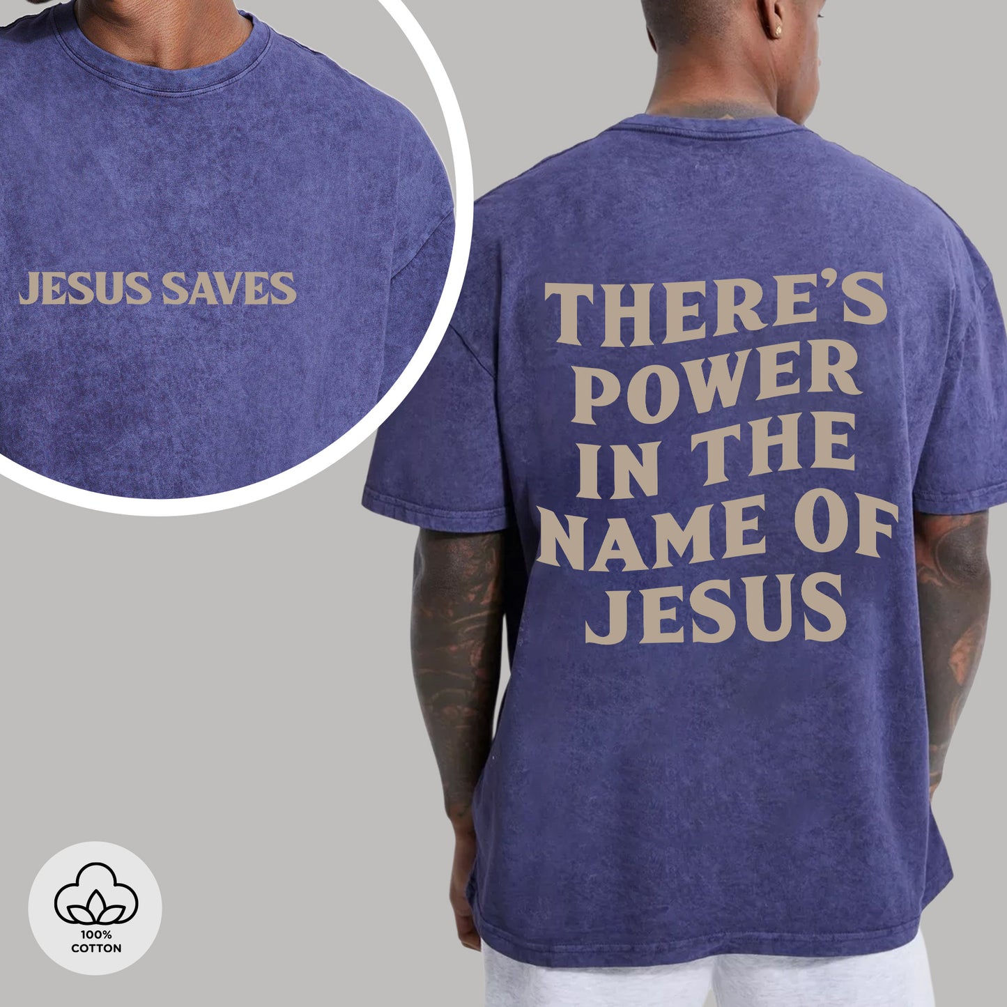 "Jesus Saves / There's Power In The Name Of Jesus" Unisex Vintage Washed Christian T-Shirt Two Sides | Acts 4:12 Salvation Declaration Tee | Faith Guided Life Apparel