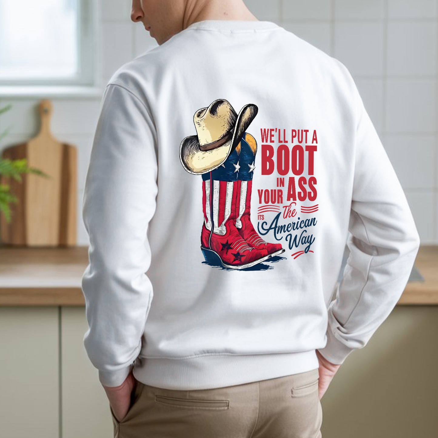 "We'll Put A Boot In Your Ass - It's The American Way" Unisex Patriotic T-Shirt Two Sides | Red White Blue American Pride Tee | Faith Guided Life Apparel