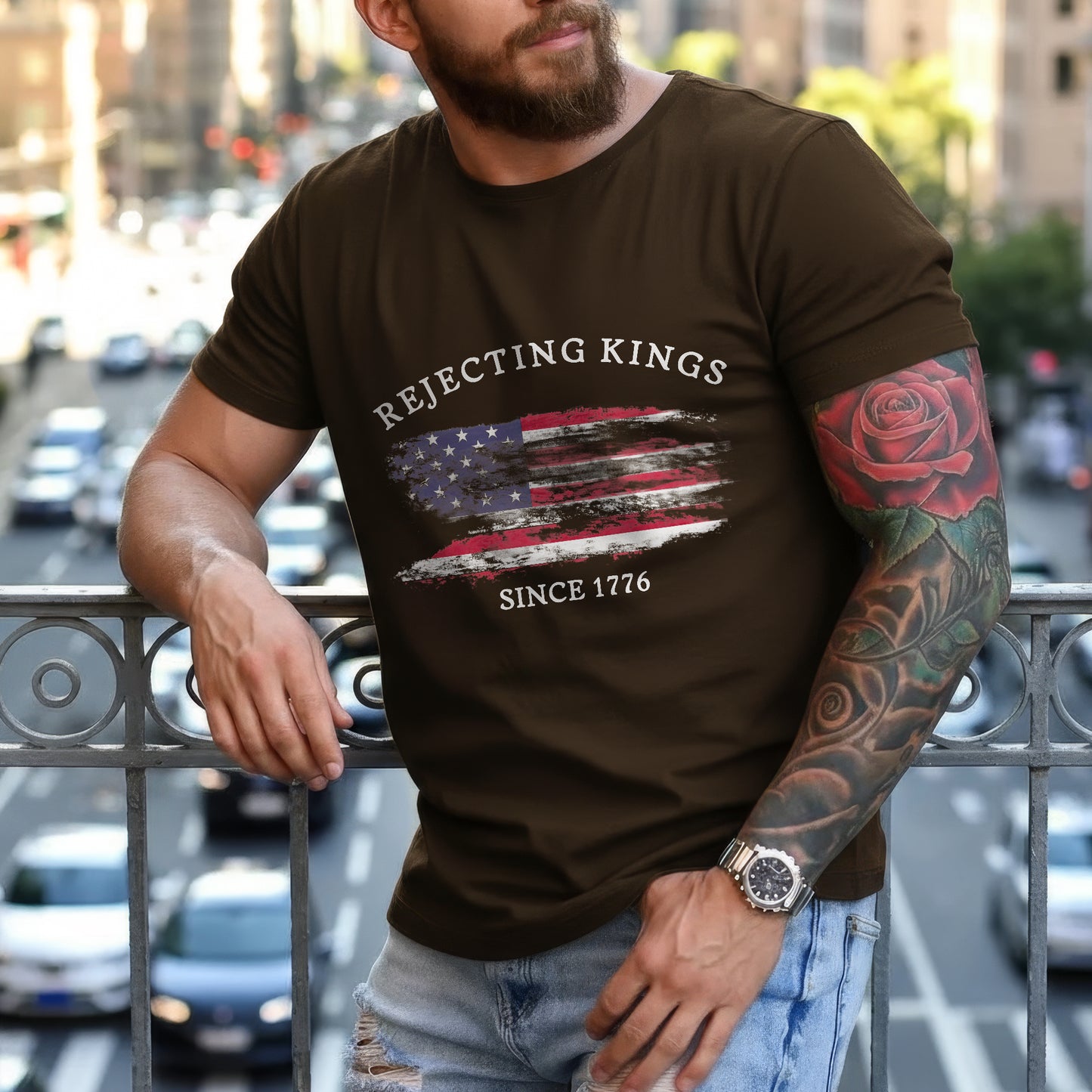 Rejecting Kings Since 1776 Distressed American Flag T-Shirt
