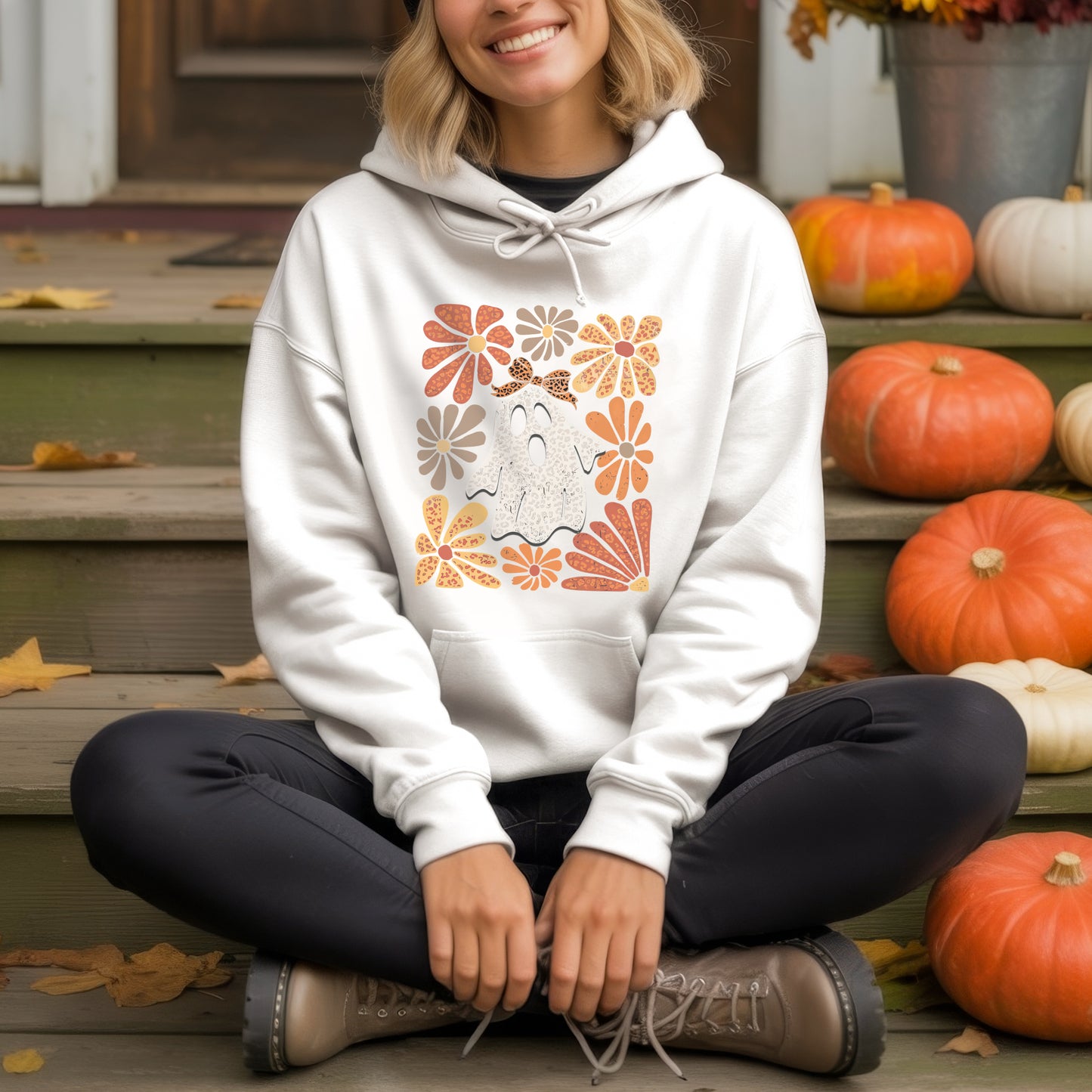 Retro Floral Ghost Leopard Bow Halloween T-Shirt Vintage Autumn Boho Spooky Cute Fall Tee