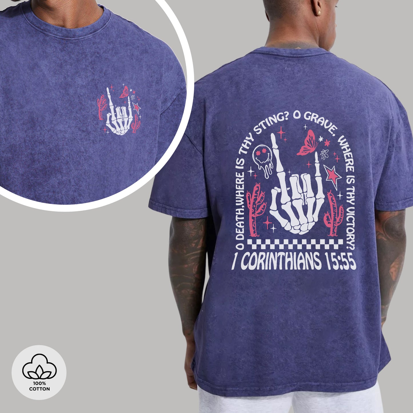 Where Is Thy Sting O Grave Christian Victory Washed 100% Cotton Two Sides T-Shirt 1 Corinthians 15:55 Faith Tee