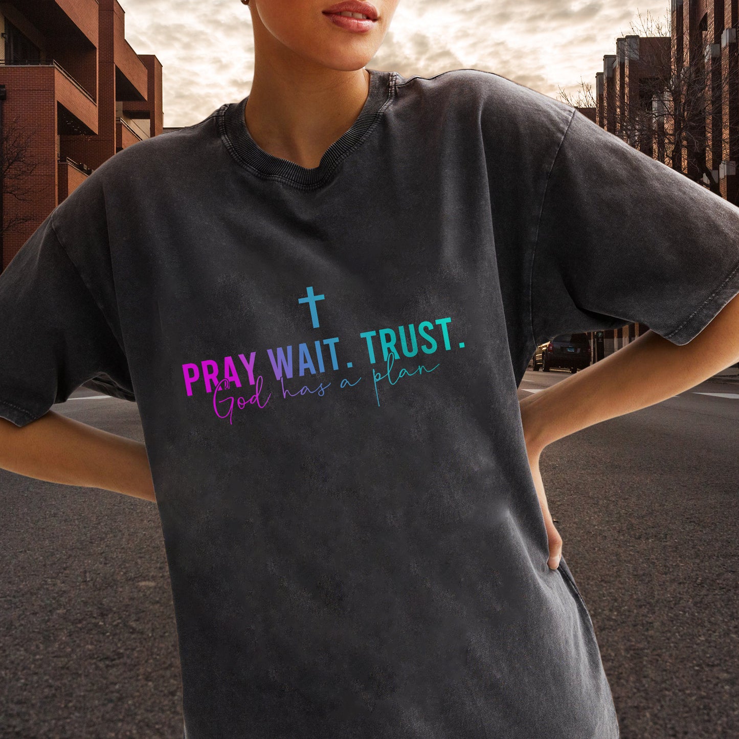 Pray Wait Trust God Has A Plan Unisex Vintage Washed T-Shirt - Divine Timing Faith Declaration