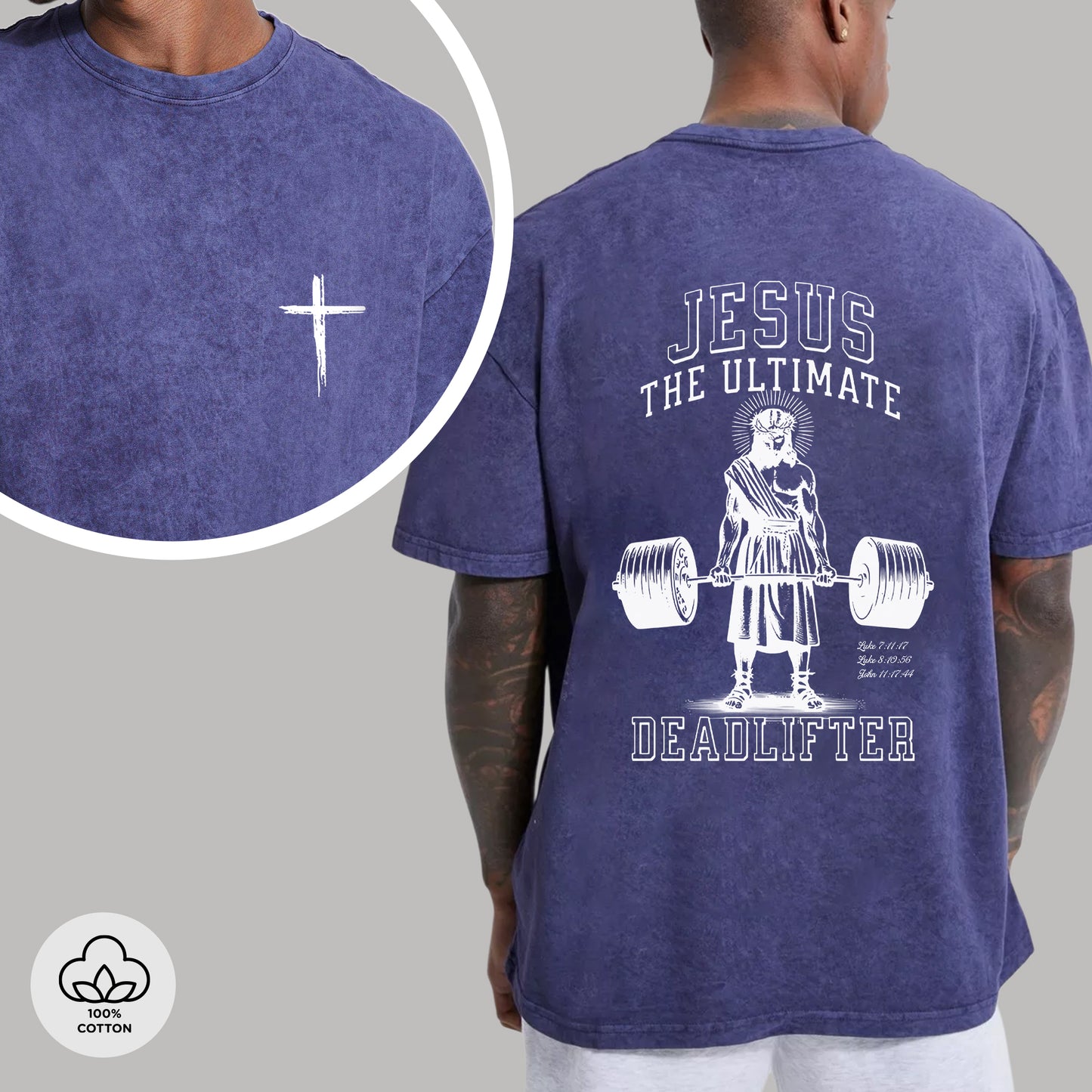 "Jesus The Ultimate Deadlifter" Unisex Vintage Washed Christian T-Shirt Two Sides | Matthew 11:28 Burden Bearer Tee | Faith Guided Life Apparel