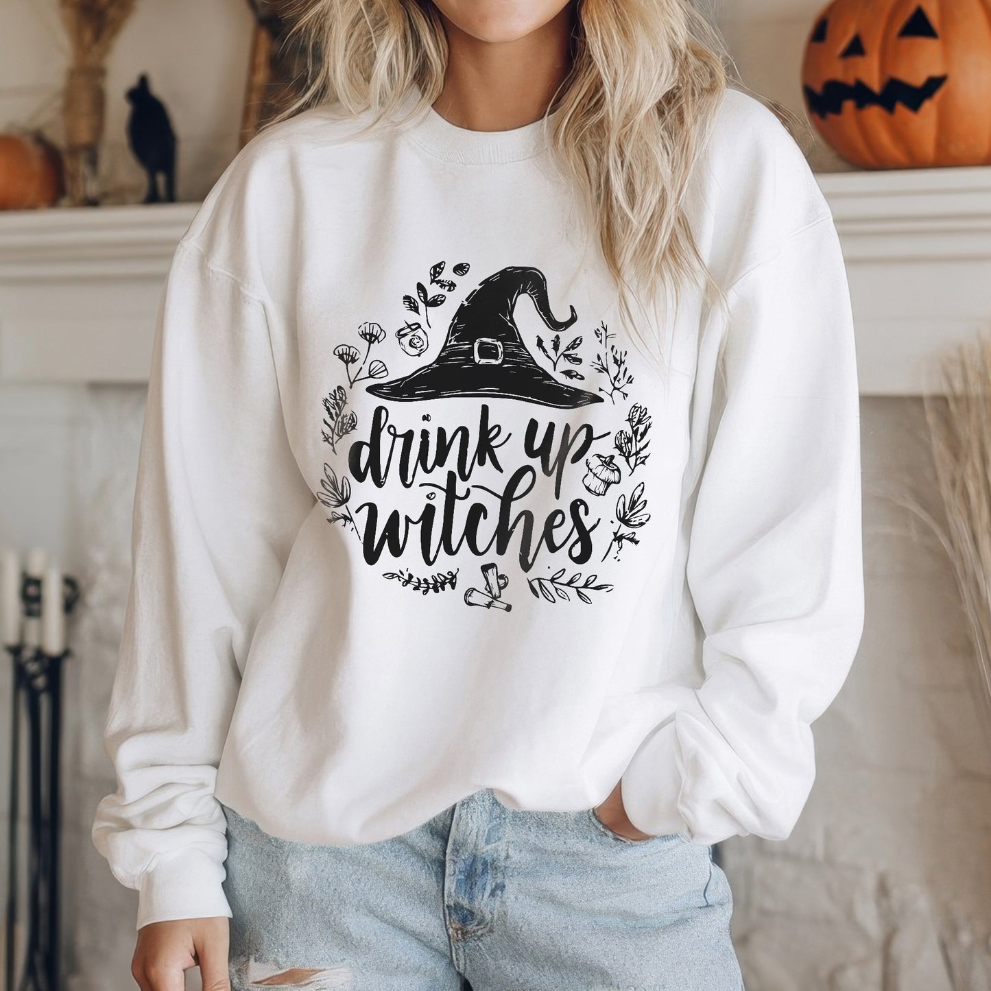 Drink Up Witches Halloween Party T-Shirt Witch Hat Botanical Spooky Season Drinking Tee