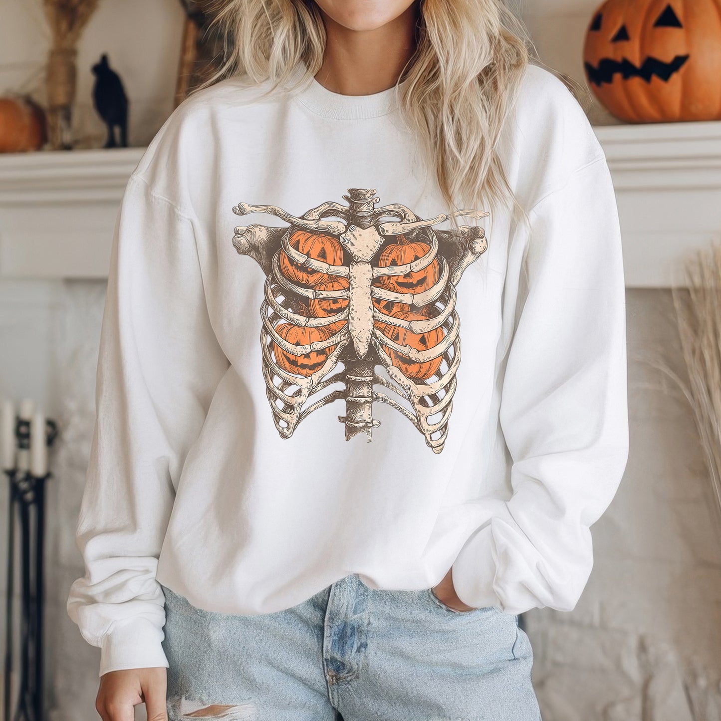 Pumpkin Ribcage Skeleton Halloween T-Shirt Jack-O-Lantern Anatomy Spooky Season Tee