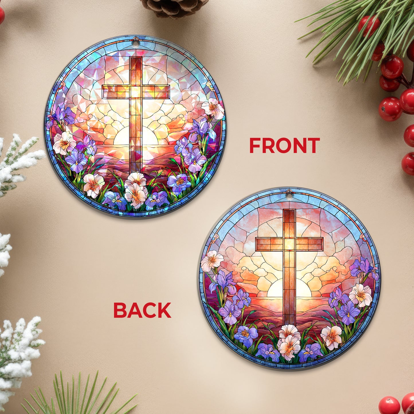 Stained Glass Cross Holographic Christmas Ornament | Symbol of Hope & New Life | Religious Christian Keepsake