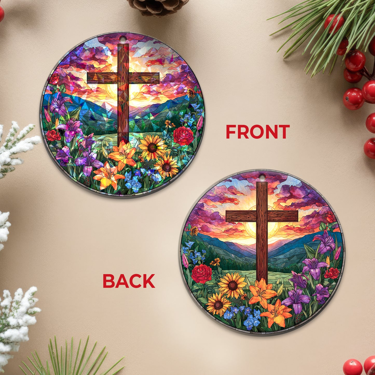 Stained Glass Cross Holographic Christmas Ornament | Symbol of Hope & New Life | Religious Christian Keepsake