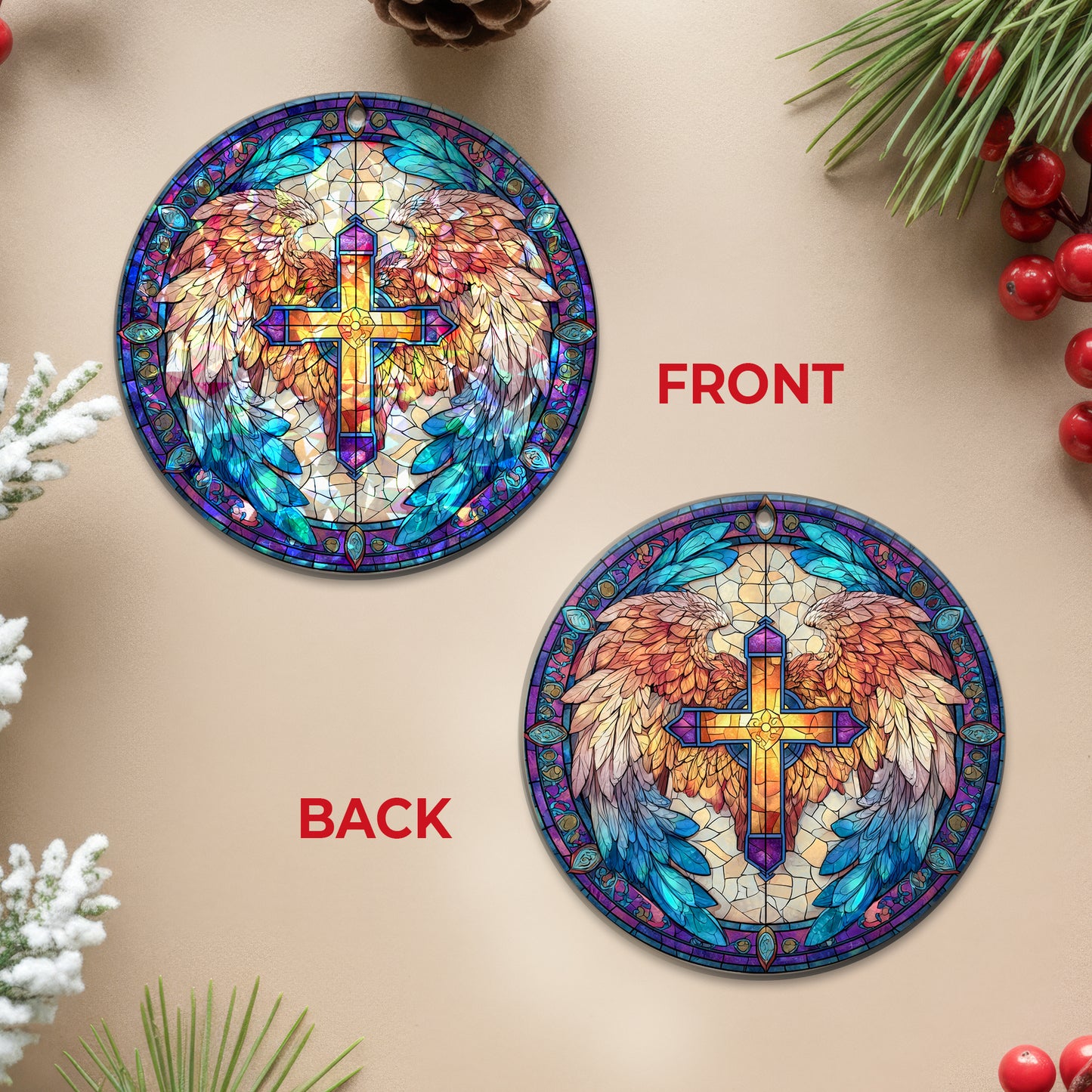 Stained Glass Angel Wing Cross Holographic Ornament | Symbol of Hope & Victory | Christian Keepsake