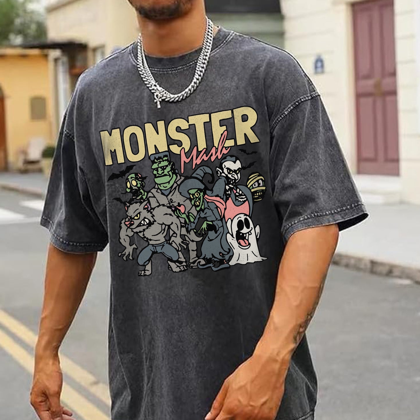 Monster Mash Vintage Washed 100% Cotton Halloween T-Shirt Classic Horror Characters Retro Tee