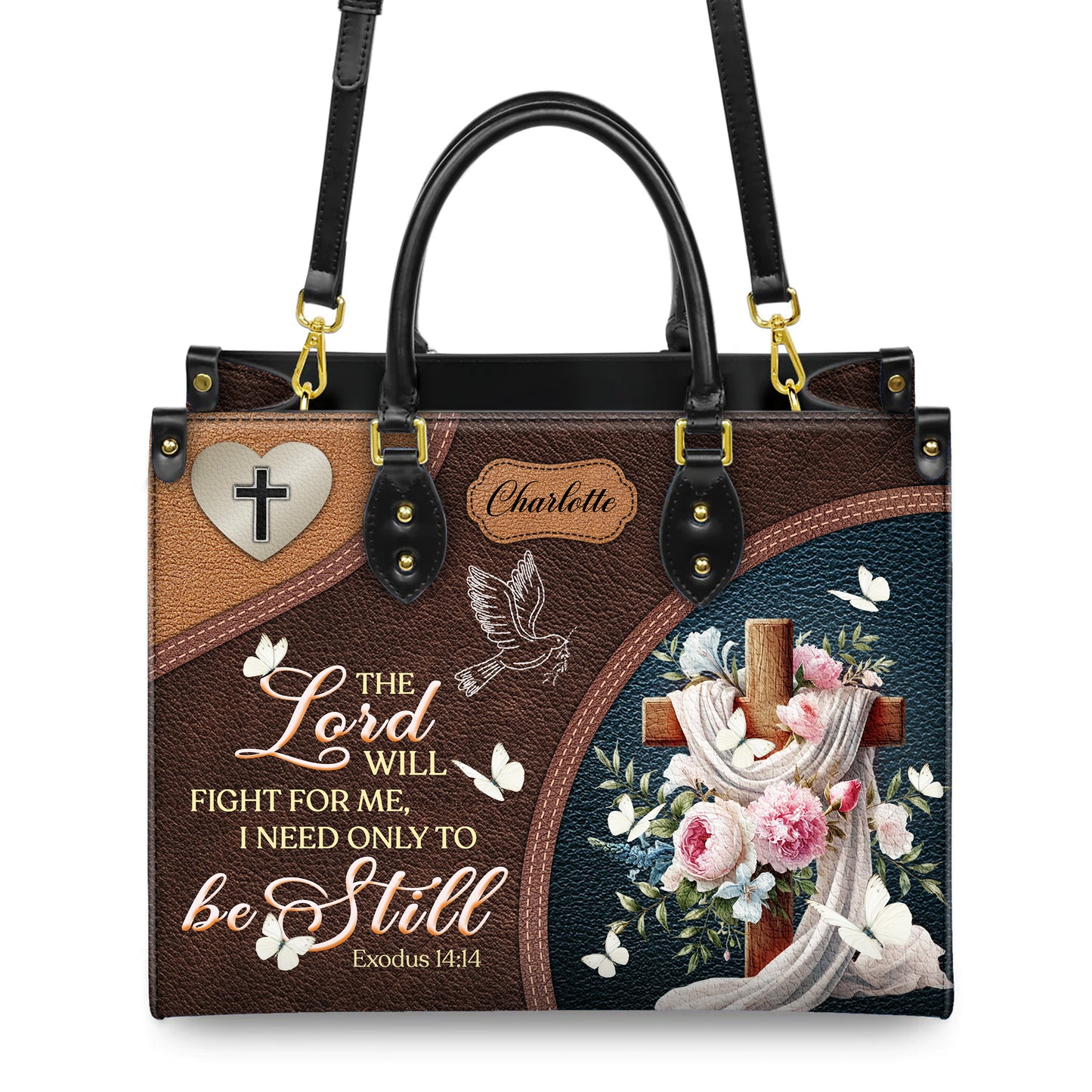 The Lord Will Fight For Me I Need Only Be Still Exodus 14:14 Personalized Faith Leather Handbag
