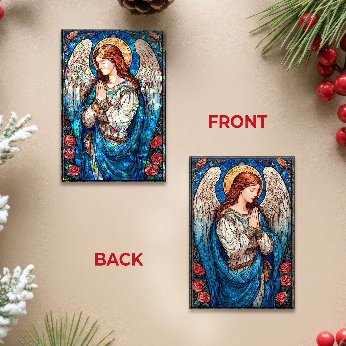 Stained Glass Angel Holographic Christmas Ornament | Serene Angel of Peace | Religious Christian Keepsake