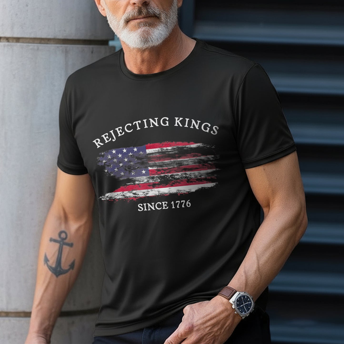Rejecting Kings Since 1776 Distressed American Flag T-Shirt