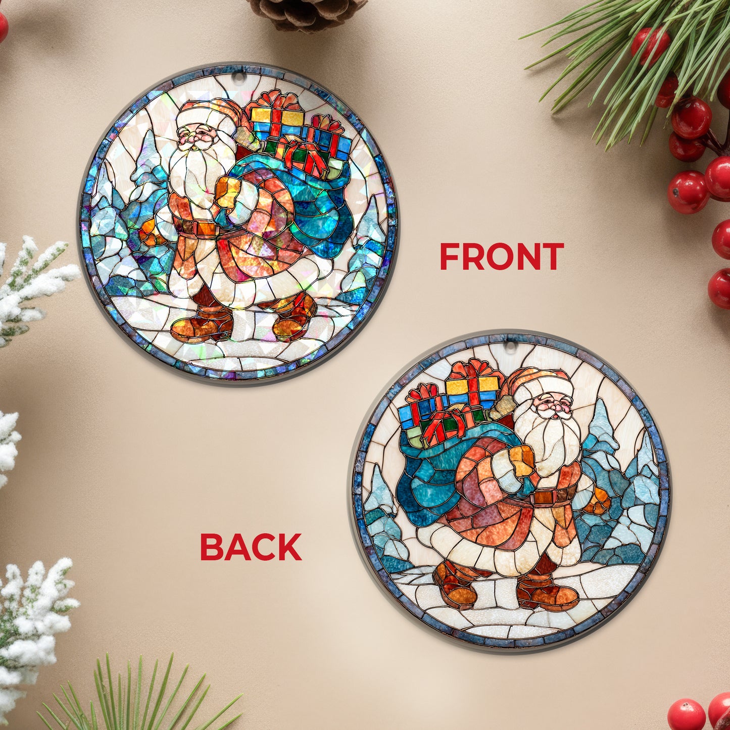 Stained Glass Santa Claus Holographic Christmas Ornament | Festive Holiday Keepsake | Jolly St. Nick Tree Decoration