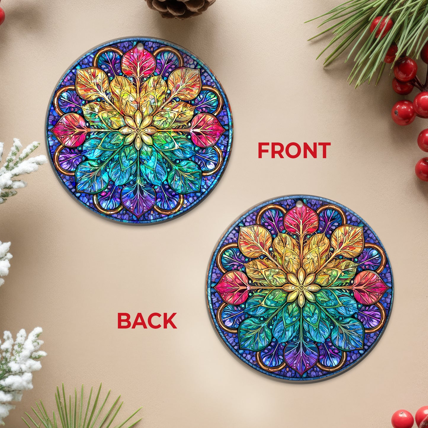 Stained Glass Mandala Holographic Christmas Ornament | Kaleidoscope of Color | Spiritual Harmony Keepsake
