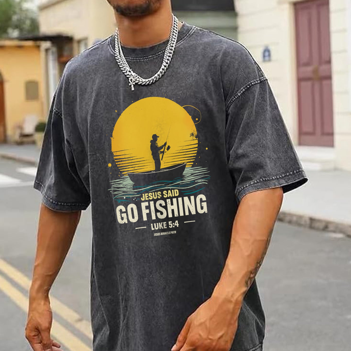 Jesus Said Go Fishing Luke 5:4 Christian Washed 100% Cotton T-Shirt Biblical Fishing Faith Tee