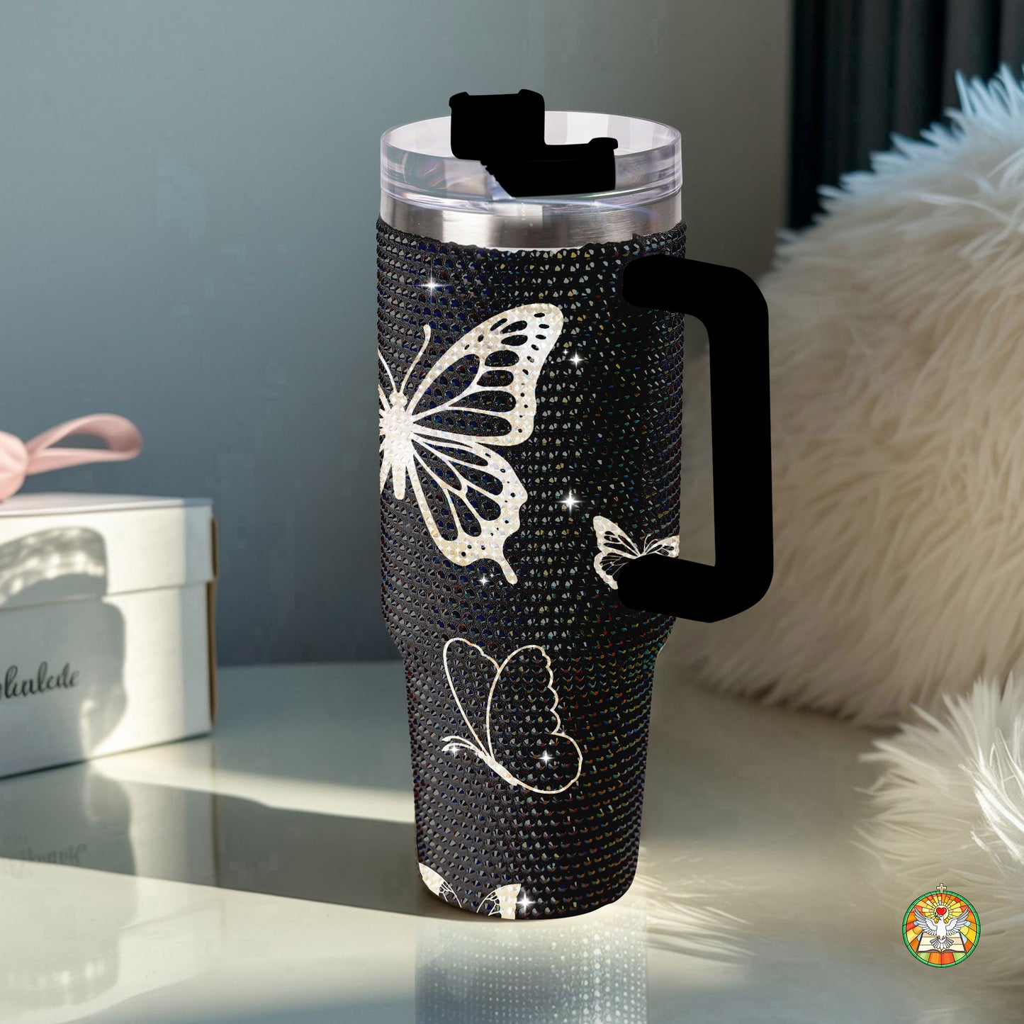 Butterfly Black Bling Diamond Tumbler 40oz - Sparkling Transformation Rhinestone Cup