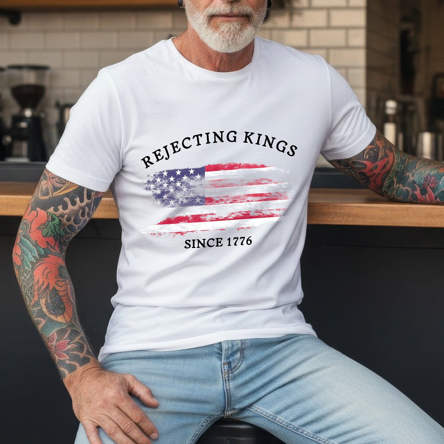 Rejecting Kings Since 1776 Distressed American Flag T-Shirt