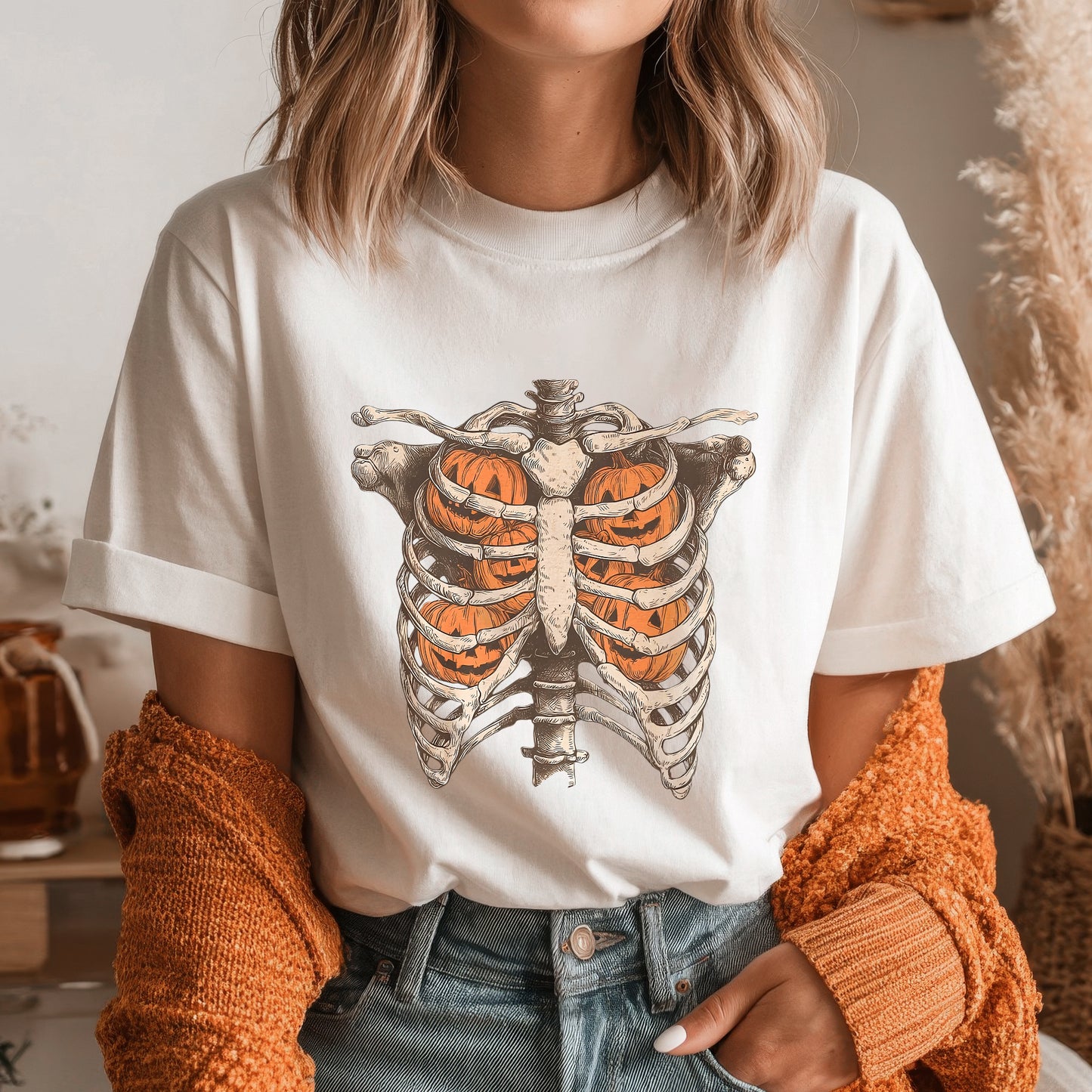 Pumpkin Ribcage Skeleton Halloween T-Shirt Jack-O-Lantern Anatomy Spooky Season Tee