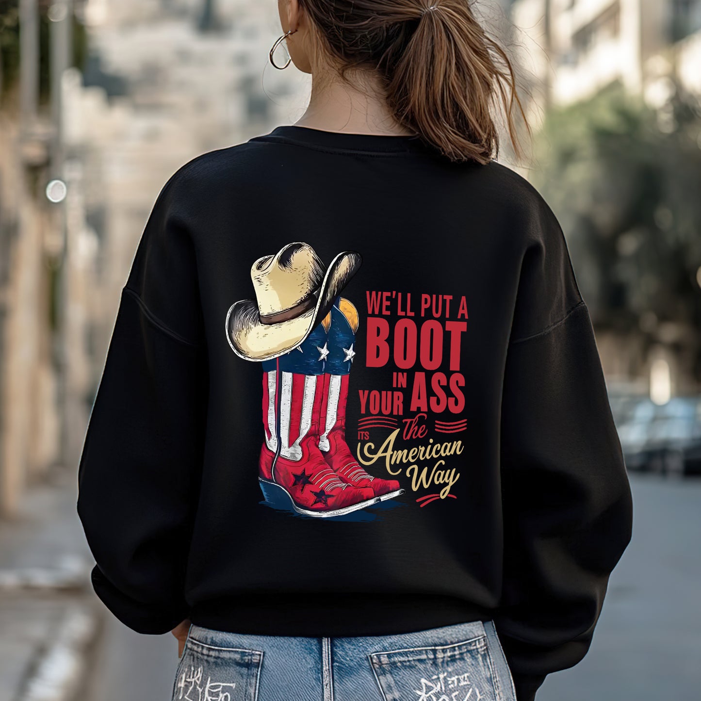"We'll Put A Boot In Your Ass - It's The American Way" Unisex Patriotic T-Shirt Two Sides | Red White Blue American Pride Tee | Faith Guided Life Apparel
