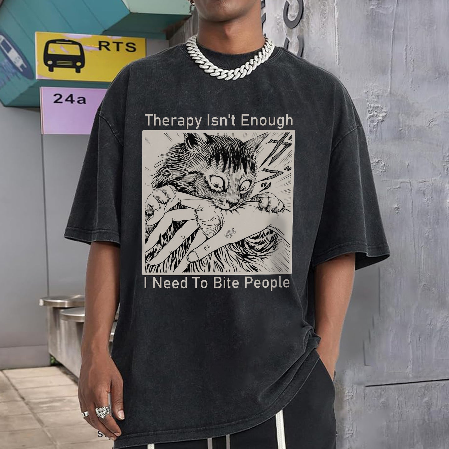 Therapy Isn't Enough I Need To Bite People Unisex Vintage Washed T-Shirt - Dark Humor Mental Health Declaration