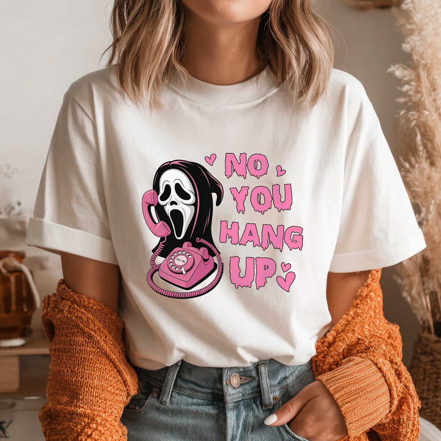 No You Hang Up Ghostface Pink Phone Halloween T-Shirt Scream Movie Horror Romance Tee