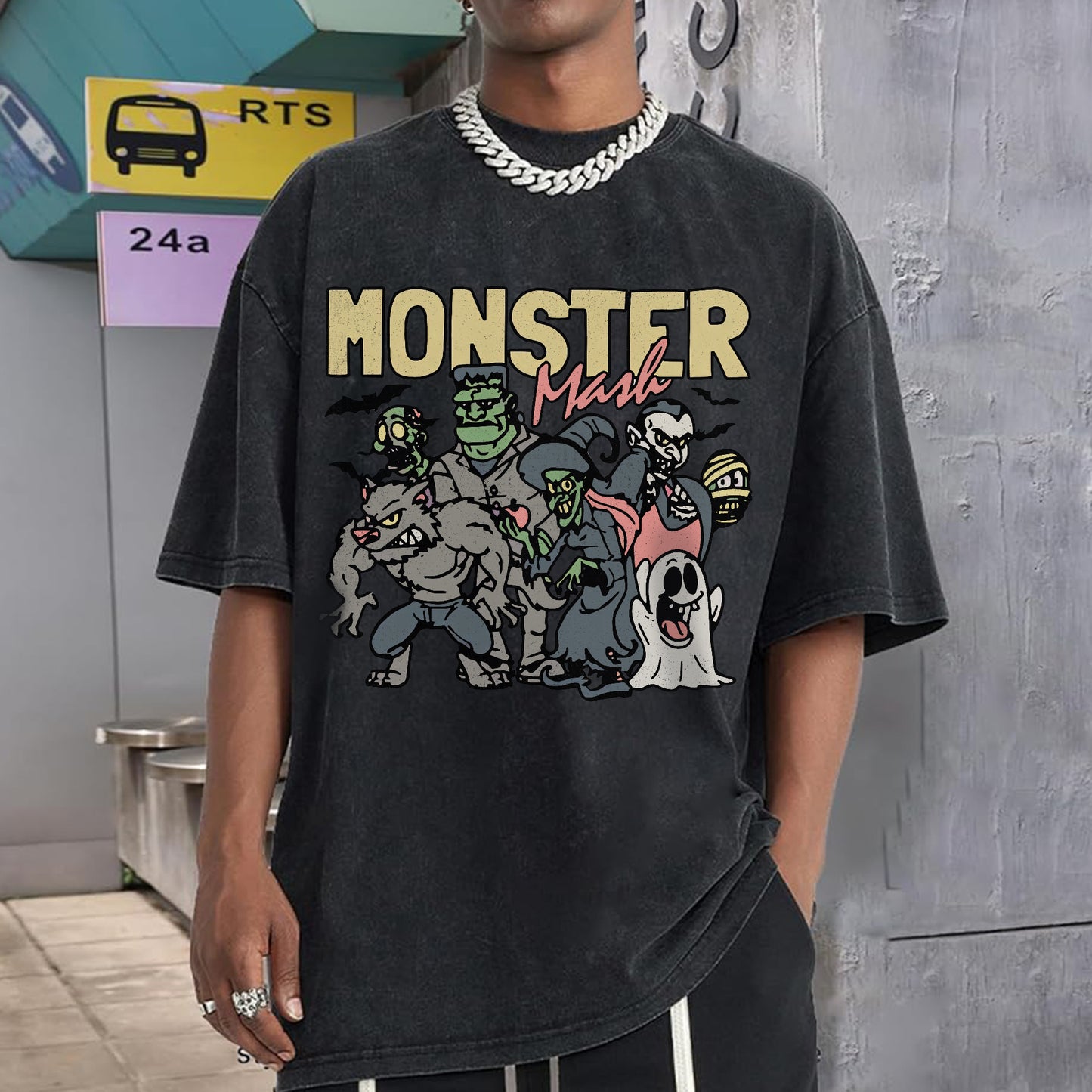 Monster Mash Vintage Washed 100% Cotton Halloween T-Shirt Classic Horror Characters Retro Tee