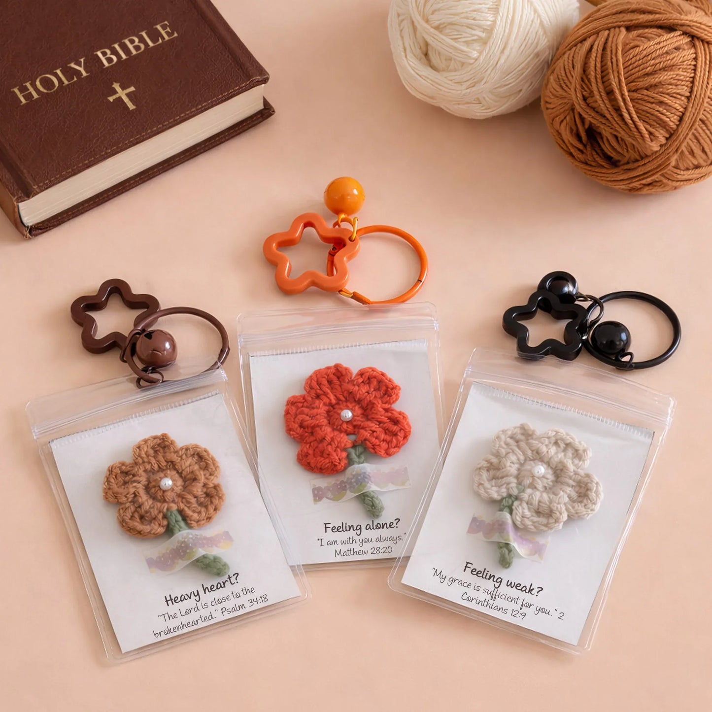 Encouragement Scripture Flower Keychain – Handmade Crochet - Faith Guided Life