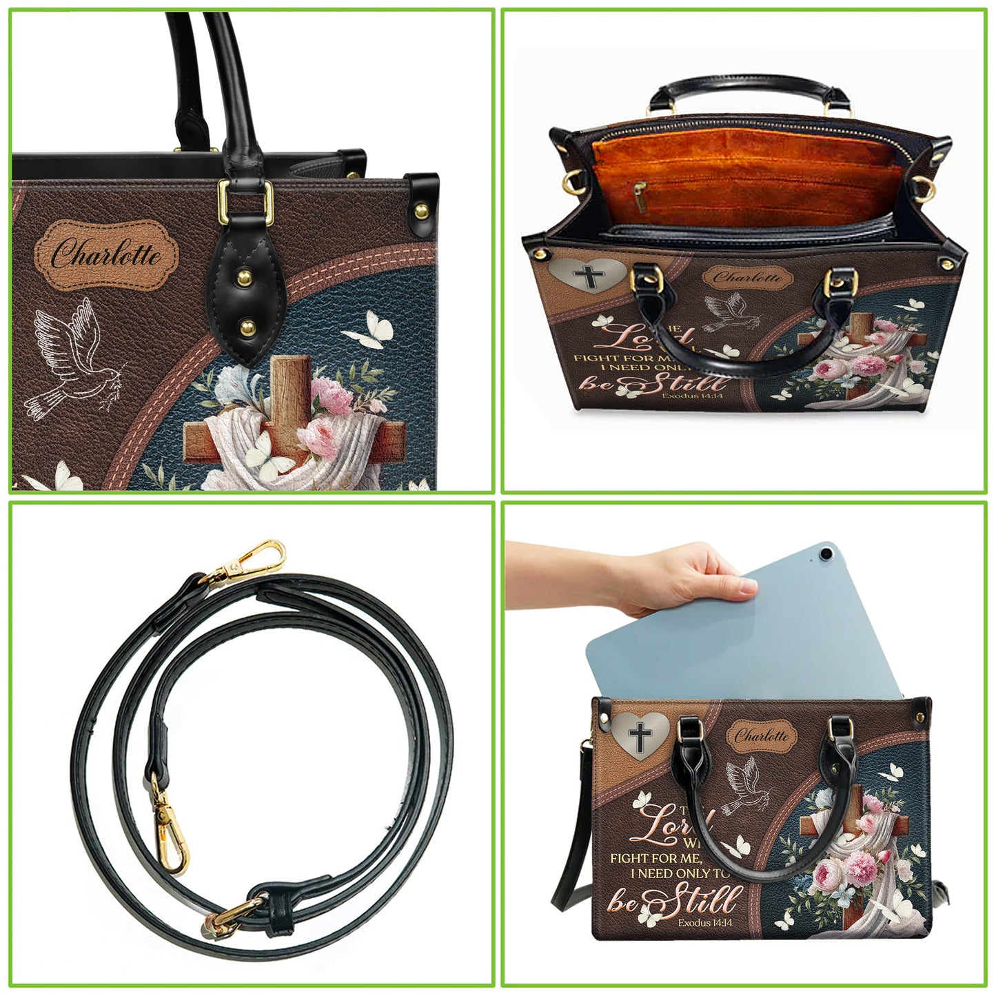 The Lord Will Fight For Me I Need Only Be Still Exodus 14:14 Personalized Faith Leather Handbag